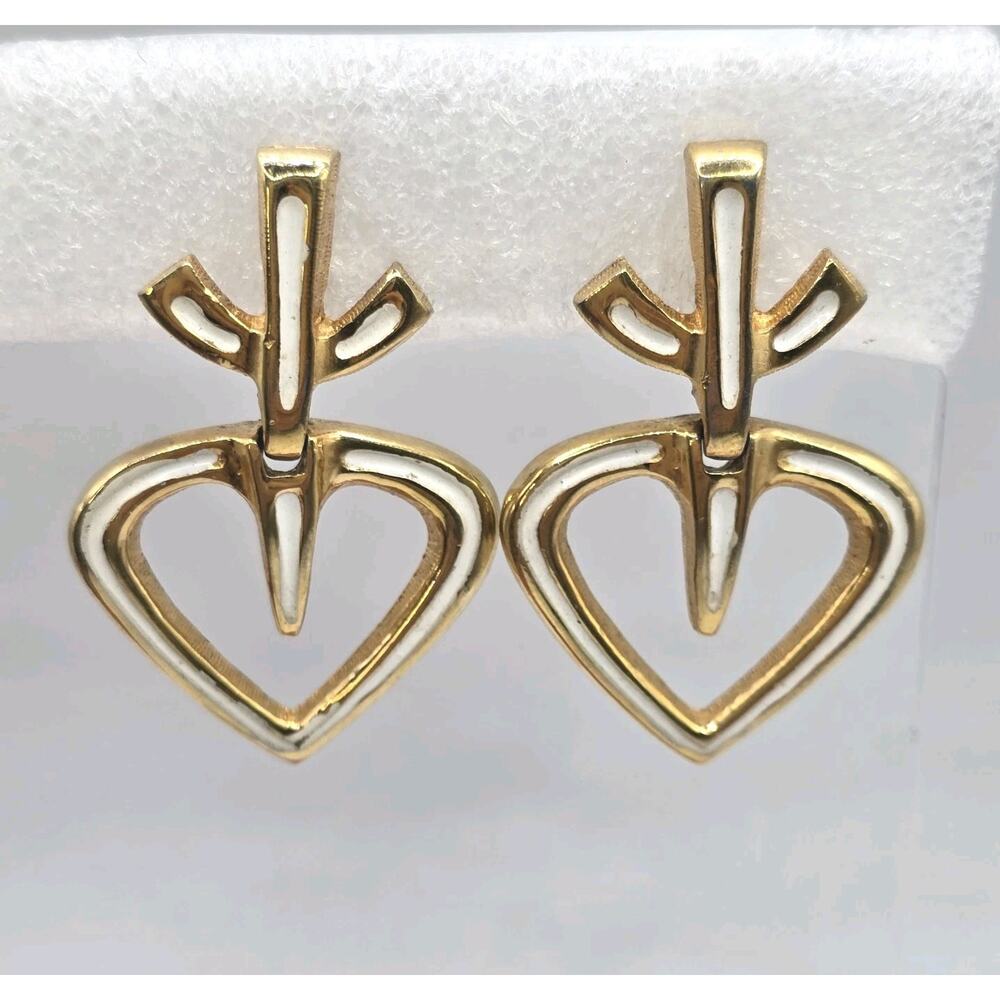 Earrings Vintage Heart On A Vine Design Raquel Signed Creamy Enameled Clip On